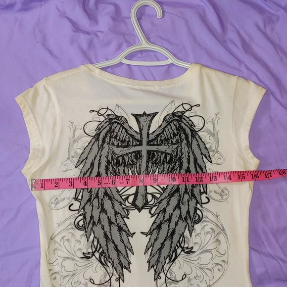 VINTAGE RHINESTONE CROSS & WINGS SLEEVELESS SHIRT * SIZE L - Picture 4 of 5